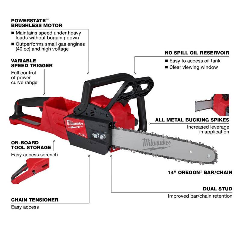 Combo de 2 herramientas M18 FUEL de Milwaukee: Motosierra eléctrica de batería de 18 V y 14 pulgadas, M18 FUEL Soplador y Batería de Iones de Litio de 8AH - 2727-20C-2724-21HD