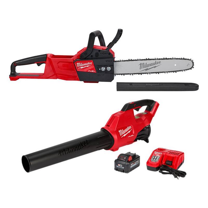 Combo de 2 herramientas M18 FUEL de Milwaukee: Motosierra eléctrica de batería de 18 V y 14 pulgadas, M18 FUEL Soplador y Batería de Iones de Litio de 8AH - 2727-20C-2724-21HD