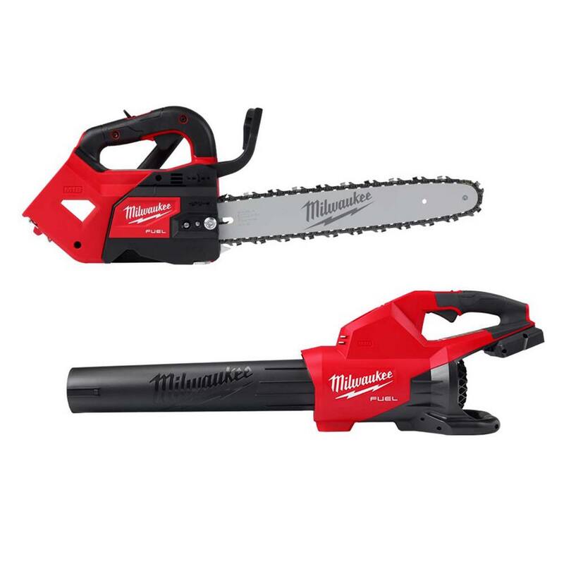 Sierra de cadena inalámbrica Milwaukee M18 FUEL de 14 pulgadas con mango superior, batería de ion de litio de 18V y sin escobillas junto con sopladora de batería dual M18 FUEL (paquete de 2 herramientas) - 2826-20T-2824-20.