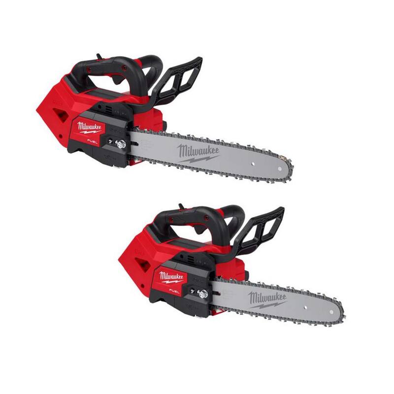 Sierra de cadena inalámbrica Milwaukee M18 FUEL de 14 pulgadas con mango superior y batería de iones de litio de 18V sin escobillas y Sierra de cadena con mango superior M18 de 12 pulgadas (paquete de 2 herramientas) - 2826-20T-2826-20C.