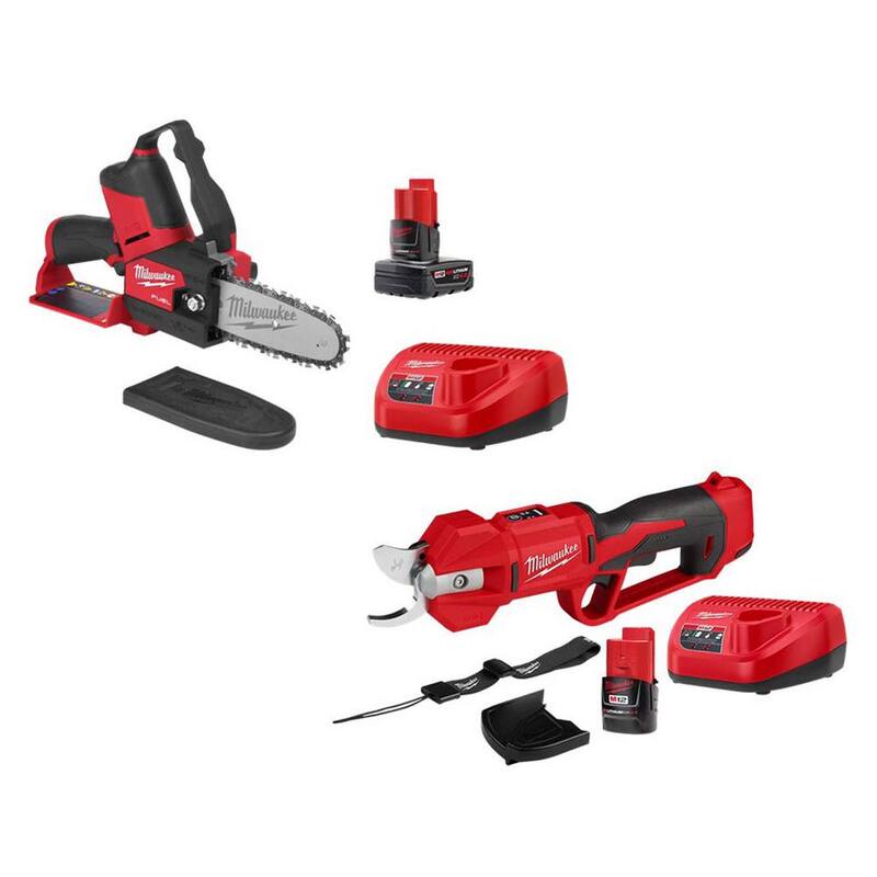 Milwaukee M12 FUEL 12V Lithium-Ion Brushless inalámbrico de 6 pulgadas HATCHET sierra de poda con juego de tijeras M12 Pruner, (2) baterías, (2) cargador - 2527-21-2534-21
