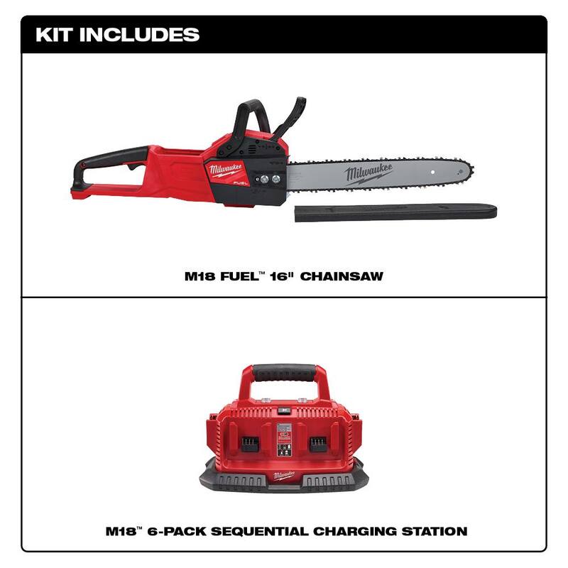 Motosierra sin escobillas de 16 pulgadas con batería de iones de litio Milwaukee M18 FUEL 18V y cargador secuencial de 6 puertos M18 - 2727-20-48-59-1806.