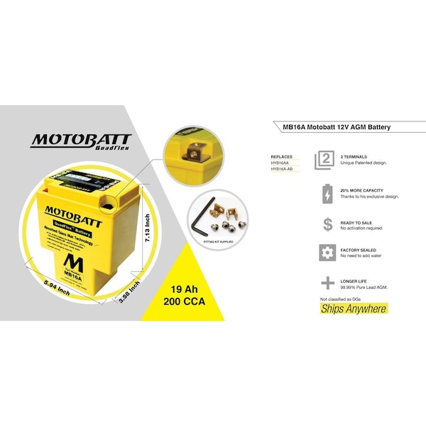 Motobatt 19Ah 200 CCA AGM Powersports Battery replaces HYB16A-A HYB16A-AB - MB16A