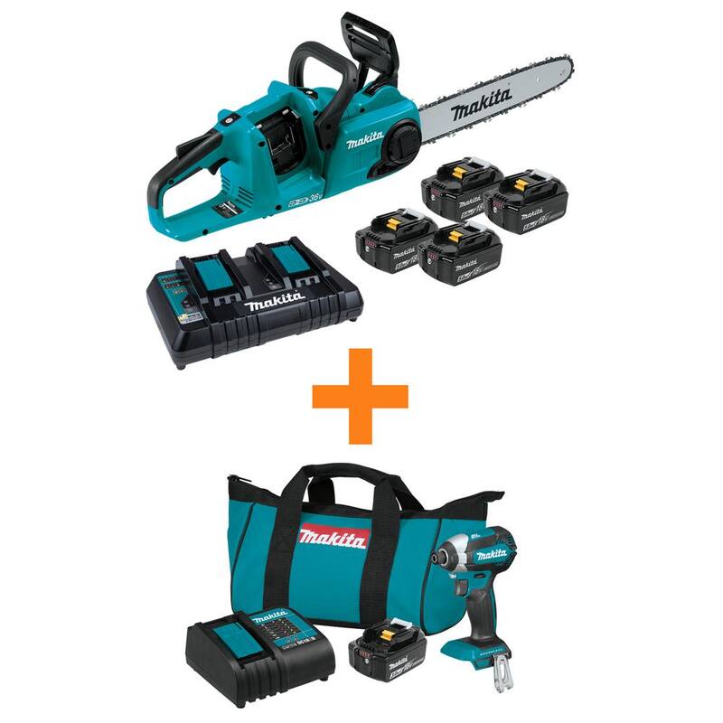 Batería de cadena de sierra LI-Ion BL Makita 18V X2 (36V) LXT Kit (4 baterías de 5.0Ah) con Kit de destornillador de impacto LXT 18V (3.0Ah) - XCU03PT1-XDT131