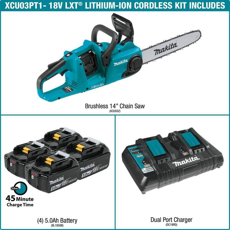 Batería de cadena de sierra LI-Ion BL Makita 18V X2 (36V) LXT Kit (4 baterías de 5.0Ah) con Kit de destornillador de impacto LXT 18V (3.0Ah) - XCU03PT1-XDT131