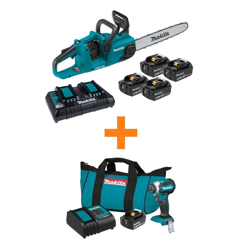 Kit de motosierra Makita 18V X2 (36V) LXT con batería Li-Ion BL (4 baterías 5.0Ah) y kit de destornillador de impacto 18V LXT de regalo (3.0Ah) - XCU04PT1-XDT131