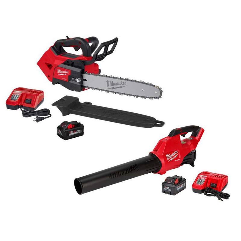 Milwaukee M18 FUEL 14 in. Sierra de cadena inalámbrica sin escobillas de 18V con mango superior, soplador, (2) baterías de 8.0 Ah y (2) cargadores - 2826-21T-2724-21HD