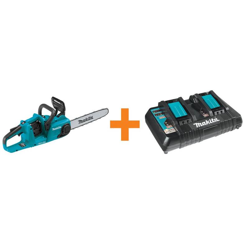 Makita 14 pulgadas 18-Volt X2 (36-Volt) LXT Sierra de cadena con batería sin escobillas y cargador óptimo dual de puerto rápido de 18-Volt LXT de bonificación - XCU03Z-DC18RD