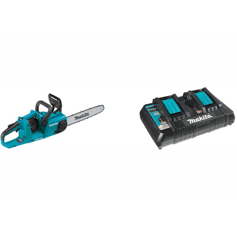 Makita 14 pulgadas 18-Volt X2 (36-Volt) LXT Sierra de cadena con batería sin escobillas y cargador óptimo dual de puerto rápido de 18-Volt LXT de bonificación - XCU03Z-DC18RD