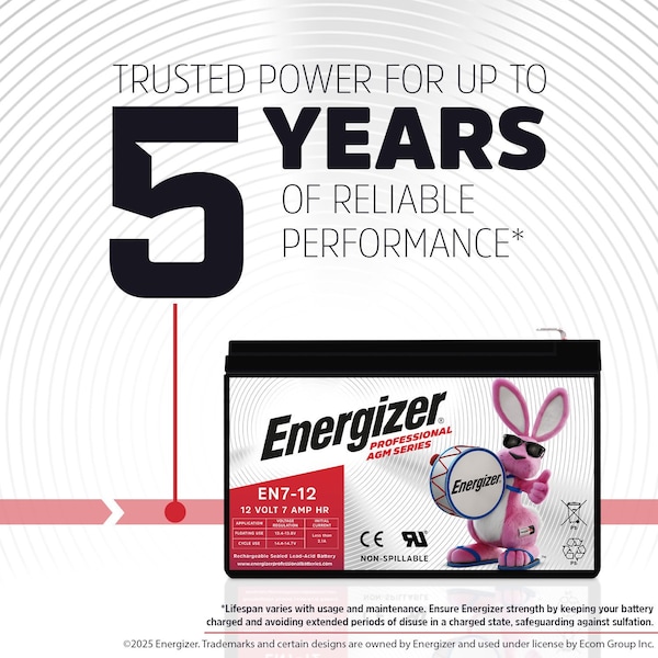 Energizer EN7-12, 12 Volt 7 Amp Hr, Long Lasting Sealed Lead Acid AGM Rechargeable Battery - EN4098460