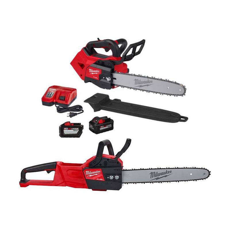 Kit de motosierra inalámbrica Milwaukee M18 FUEL de 14 pulgadas con empuñadura superior, motor sin escobillas de litio de 18V con batería de 8.0 Ah y 12.0 Ah - 2826-22T-2727-20