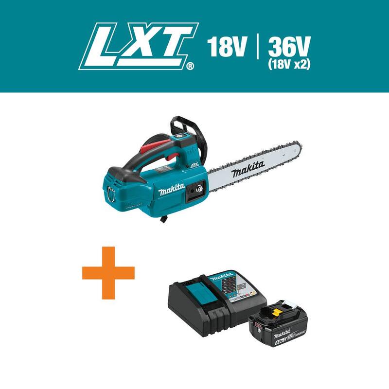 Makita 18-Volt LXT Lithium-Ion Brushless 12 in. Top Handle Chain Saw con batería 18V 4.0Ah LXT de regalo y paquete de inicio de cargador - XCU10ZBL1840BDC