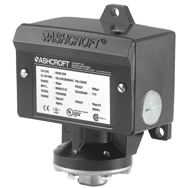 Interruptor de presión Ashcroft, (1) puerto, 1/4 pulgadas NPT hembra, SPDT, 1.5 a 15 psi, acción estándar - B424VXCYLM15
