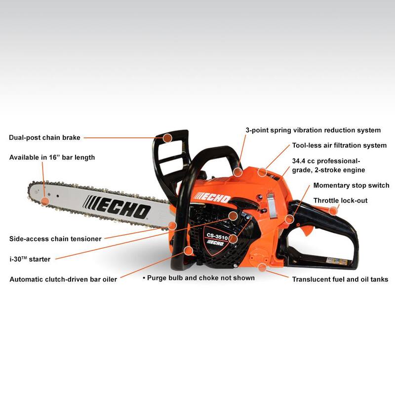 ECHO 16 in. 34.4 cc Gas 2-Stroke Engine Rear Handle Chainsaw - CS-3510-16

Cortadora de cadena con motor a gas de 34.4 cc y 2 tiempos de 16 pulgadas con mango trasero - CS-3510-16