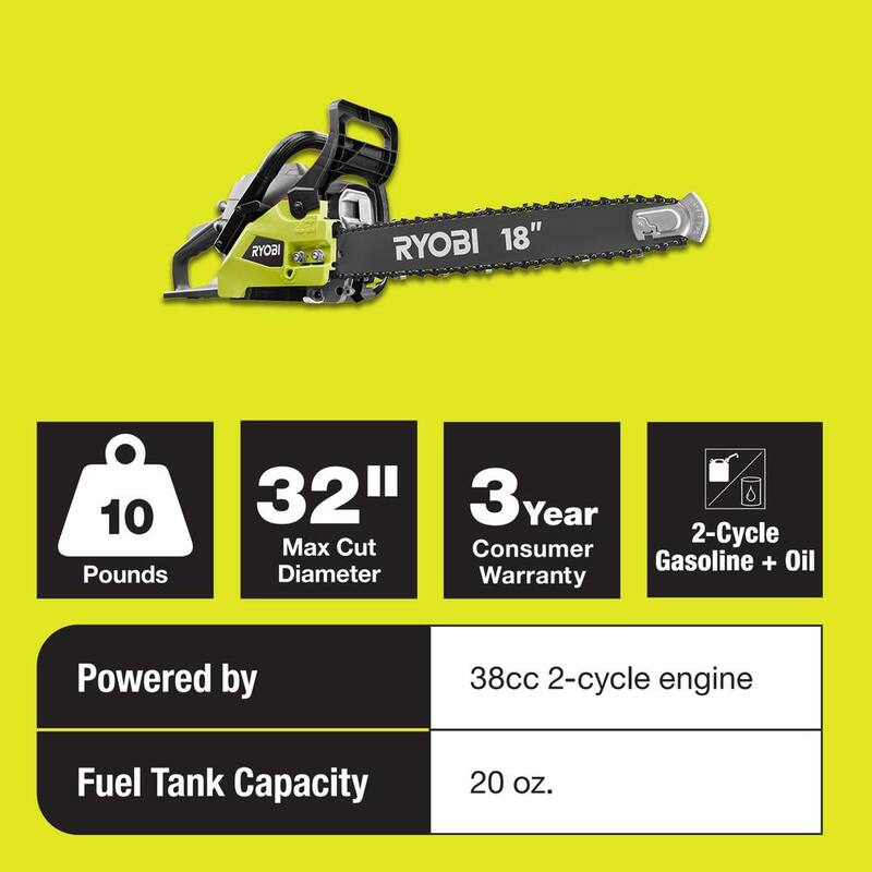 RYOBI 18 pulgadas 38cc motosierra de gas de 2 ciclos con estuche resistente - RY3818