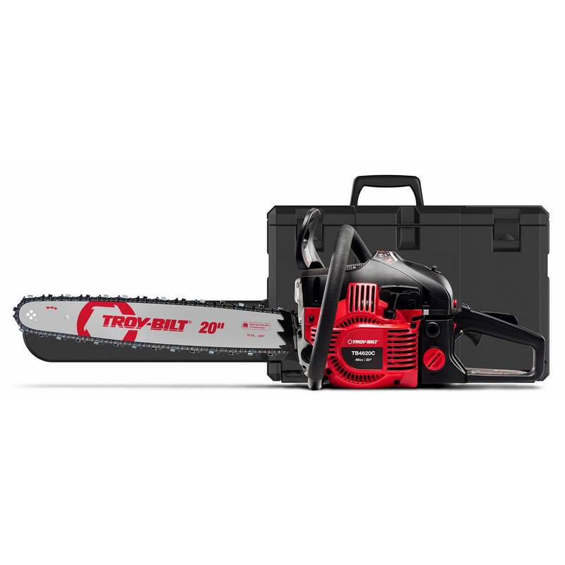 Troy-Bilt 20 in. 46 cc Gas 2-Cycle Chainsaw with Automatic Chain Oiler and Heavy-Duty Carry Case Included - TB4620C

Troy-Bilt 20 pulgadas 46 cc Gasolina Sierra de Cadena de 2 Tiempos con Lubricador Automático de Cadena y Estuche Resistente incluido - TB4620C