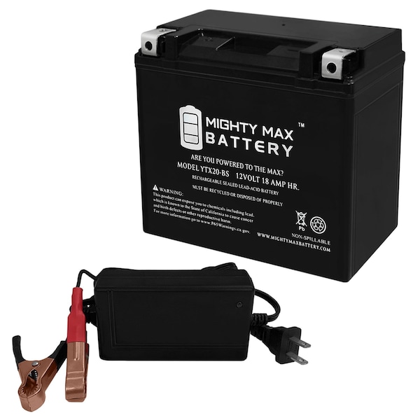Mighty Max Battery YTX20-BS Replacement Battery Compatible with AGM HTX20-BS With 12V 4Amp Charger - MAX3986821
