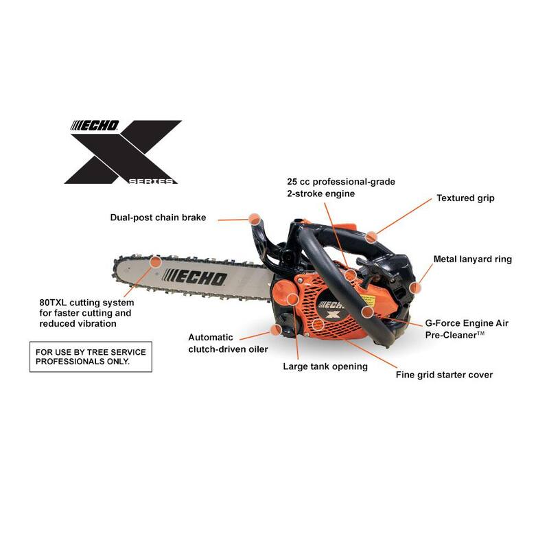 Sierra de cadena arborista con mango superior de la serie X de ECHO de 14 pulgadas y 25.0 cc de gasolina de 2 tiempos con sistema de corte SpeedCut Nano 80TXL de baja vibración - CS-2511TN-14