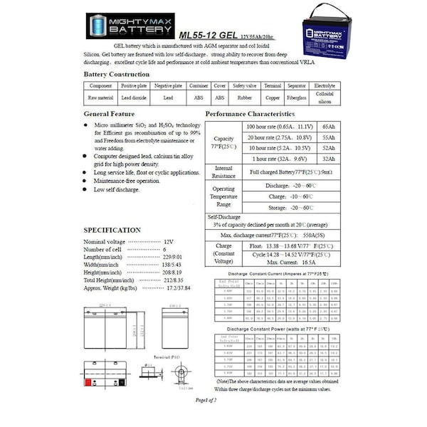 Mighty Max Battery 12V 55AH GEL Replacement Battery for Gaston GT12-55 - 2PK - MAX3558861