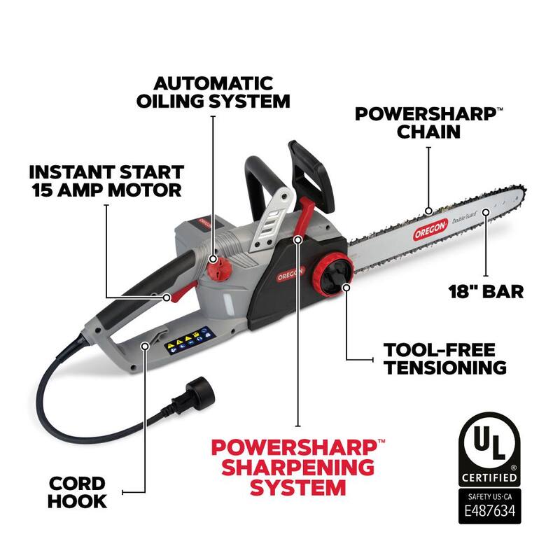 Motosierra eléctrica con cable de 15 amperios Oregon CS1500 Autoafilado, barra de 18 pulgadas, equipada con cadena PowerSharp - 603352