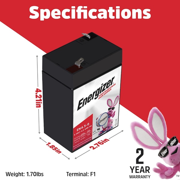 Energizer EN4.5-6, 6 Volt 4.5 Amp Hr, Long Lasting Sealed Lead Acid AGM Rechargeable Battery - EN4098452