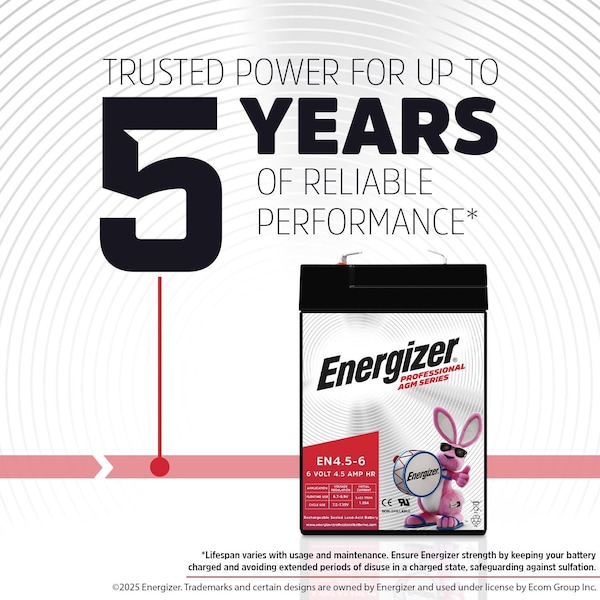 Energizer EN4.5-6, 6 Volt 4.5 Amp Hr, Long Lasting Sealed Lead Acid AGM Rechargeable Battery - EN4098452