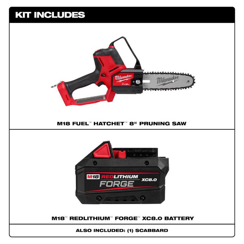 Herramienta de poda portátil sin escobillas Milwaukee M18 FUEL de 18V con batería 8 in. HATCHET y paquete de batería M18 REDLITHIUM FORGE XC 8.0 Ah - 3004-20-48-11-1881