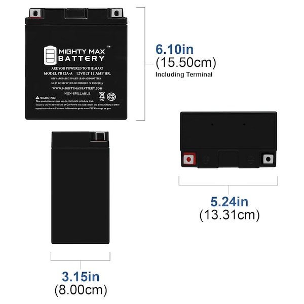 Mighty Max Battery YB12A-A 12V 12AH Battery Replacement for Honda CB N 250 79-82 - YB12A-A13