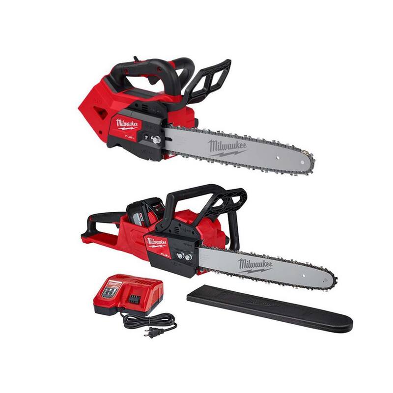 Motosierra inalámbrica Milwaukee M18 FUEL de 14 pulgadas con asa superior, batería de 18V de iones de litio, sin escobillas y también incluye una motosierra de 16 pulgadas, batería de 12.0 Ah y cargador - 2826-20T-2727-21HD.