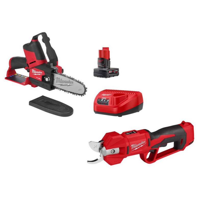 Podadora de poda inalámbrica sin escobillas de 6 pulgadas M12 FUEL de 12V de ion de litio de Milwaukee con kit de sierra de poda HATCHET con podadora M12, batería de 4.0 Ah, cargador - 2527-21-2534-20