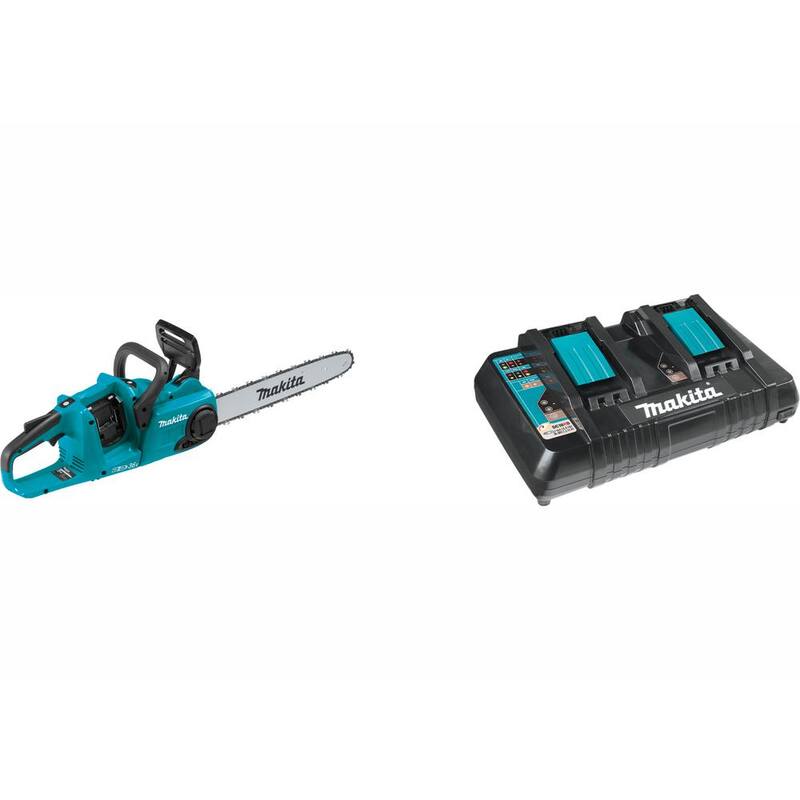 Makita 16 pulgadas 18 voltios X2 (36 voltios) LXT Sin escobillas Sierra de cadena con batería con cargador doble portátil 18 voltios LXT- XCU04Z-DC18RD, con bono.