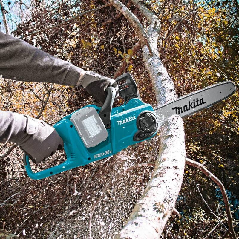 Makita 16 pulgadas 18 voltios X2 (36 voltios) LXT Sin escobillas Sierra de cadena con batería con cargador doble portátil 18 voltios LXT- XCU04Z-DC18RD, con bono.