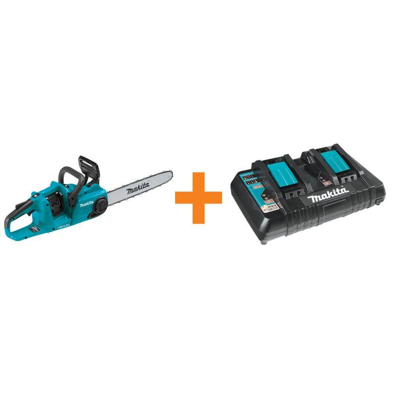 Makita 16 pulgadas 18 voltios X2 (36 voltios) LXT Sin escobillas Sierra de cadena con batería con cargador doble portátil 18 voltios LXT- XCU04Z-DC18RD, con bono.
