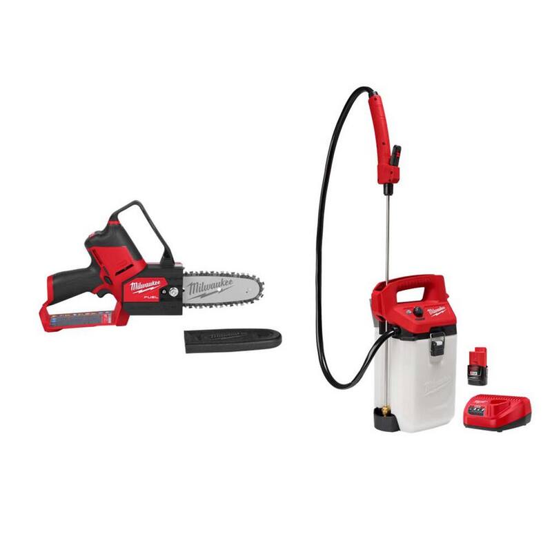 Sierra de poda inalámbrica Milwaukee M12 FUEL de 6 pulgadas con tecnología Brushless y batería de 12V de litio, HATCHET con kit de rociador manual de 2 galones M12 - 2527-20-2528-21G2.