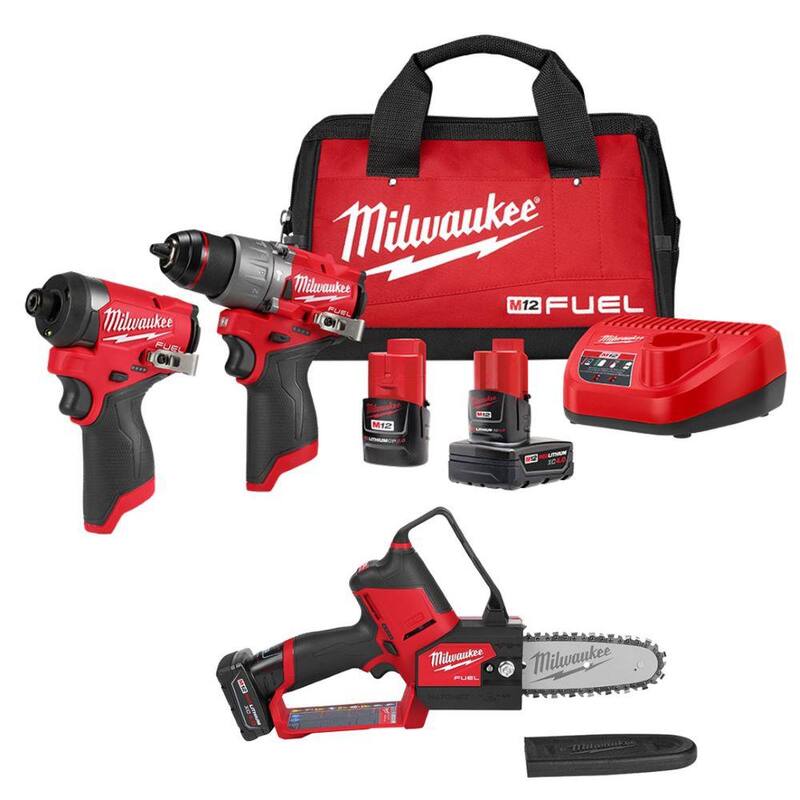 Sierra de cadena eléctrica sin escobillas con batería de 12V Milwaukee M12 FUEL de 6 pulgadas y kit de hacha de corte con taladro martillo y kit de impacto M12 FUEL - 2527-21-3497-22
