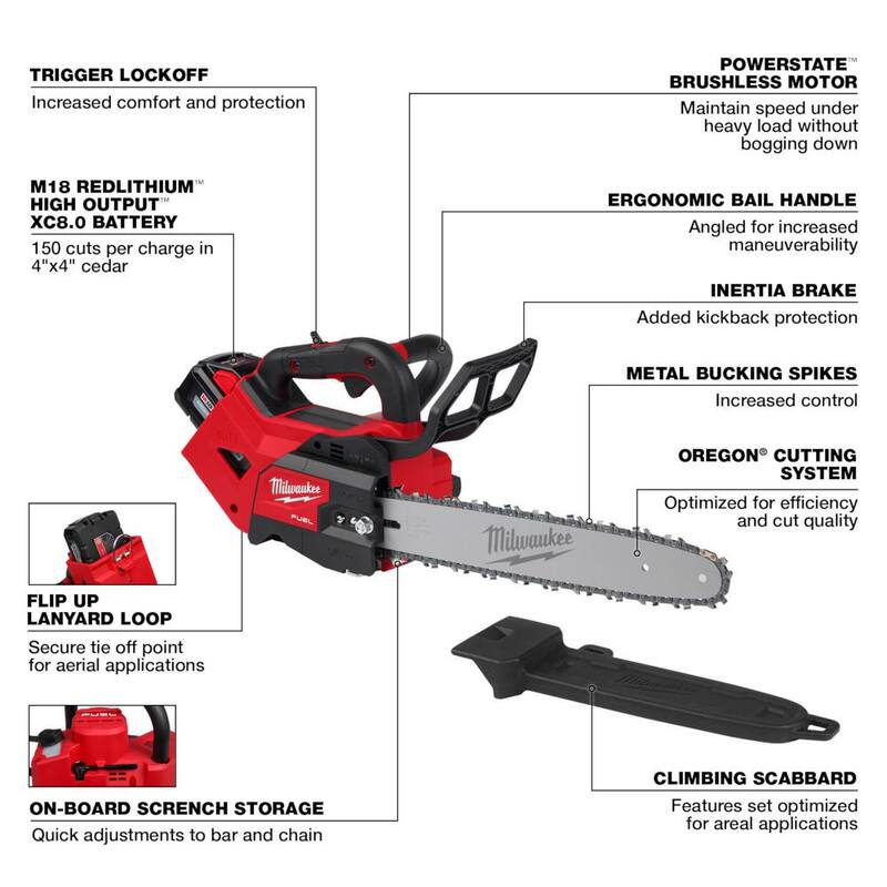 Milwaukee M18 FUEL 14 in. Motosierra inalámbrica con batería de 18V de iones de litio sin escobillas, mango superior, kit con batería de 8.0 Ah y 12.0 Ah, y cargador (2 herramientas) - 2826-22T-2826-20T
