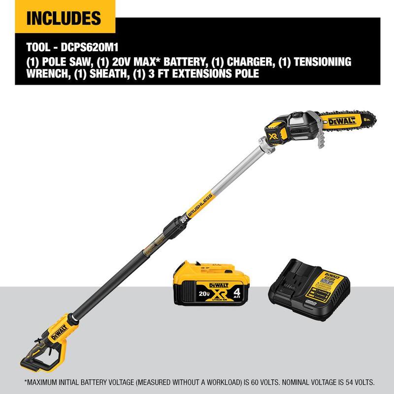 DEWALT 20V MAX 8 pulgadas. Kit de sierra de poste inalámbrica sin escobillas con batería y cargador (1) de 4 Ah - DCPS620M1