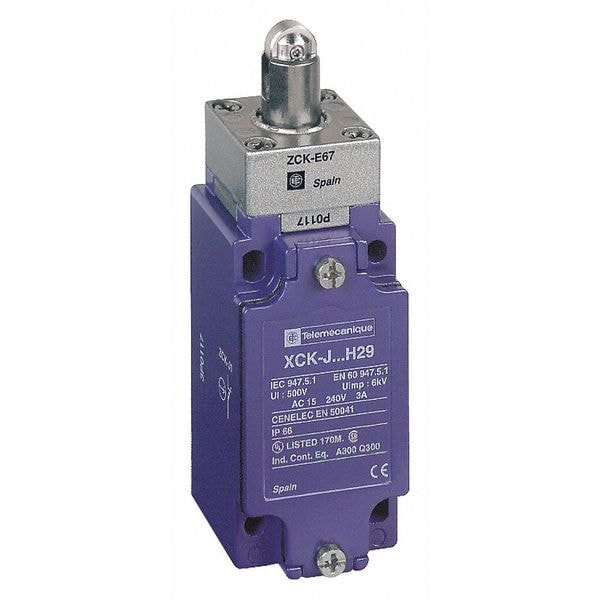 Interruptor de límite resistente Telemecanique Sensors, tipo pistón, rodillo, 1NC/1NO, 10A @ 240V AC, Ubicación del actuador: Superior - XCKJ167H7