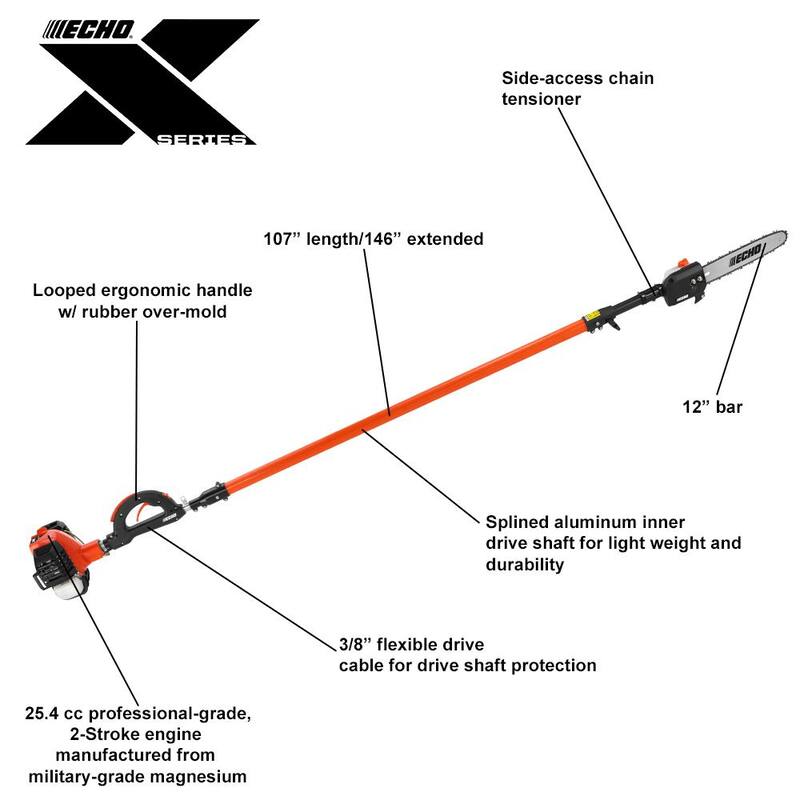 Podadora de poste de gasolina con motor de 25.4 cc de 2 tiempos de la serie X de ECHO de 12 pulgadas con manija en forma de bucle y poste telescópico que se extiende a 12.1 pies - PPT-2620