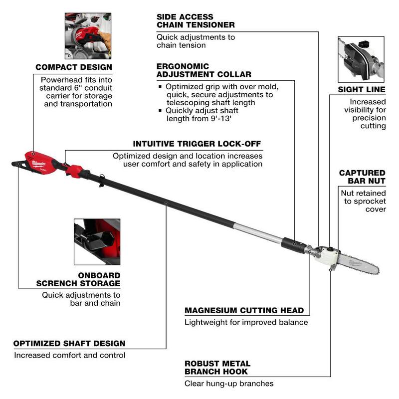Sierra telescópica sin cable Milwaukee M18 FUEL de 10 pulgadas y 18V de ion de litio sin escobillas, longitud de 13 pies (herramienta solamente) - 3013-20