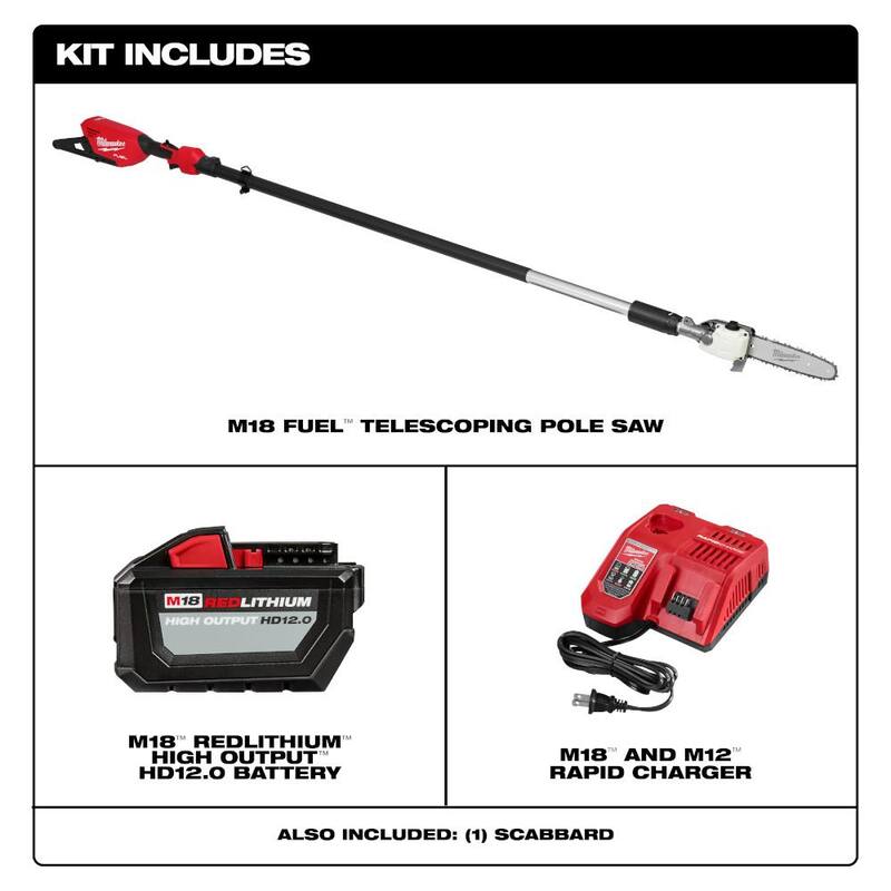 Sierra de poste telescópica inalámbrica eléctrica sin escobillas Milwaukee M18 FUEL de 10 pulgadas 18V con batería de 12.0 Ah y cargador rápido.