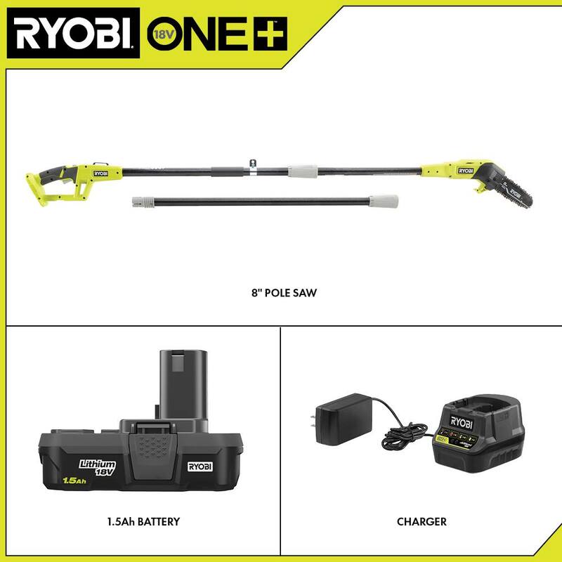 RYOBI ONE+ 18V 8 in. Sierra de poste inalámbrica sin aceite con batería de 1.5 Ah y cargador - P2510