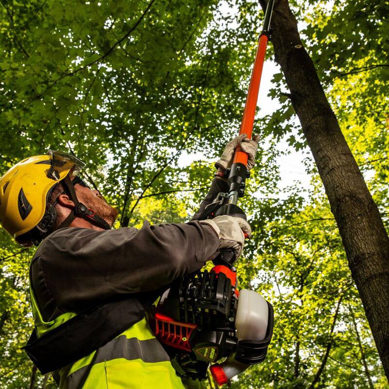 ECHO 12 pulgadas. Sierra eléctrica con poste telescópico de la serie X de 25.4 cc de gasolina de 2 tiempos con mango en línea y eje que se extiende hasta 12.1 pies - PPT-2620H