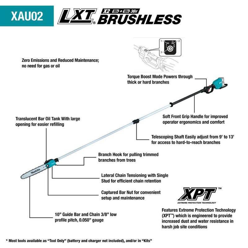 Makita LXT 18V X2 (36V) Sierra de pértiga telescópica inalámbrica de 10 pulgadas con motor sin escobillas de iones de litio, de 13 pies de largo (Herramienta solamente) - XAU02ZB