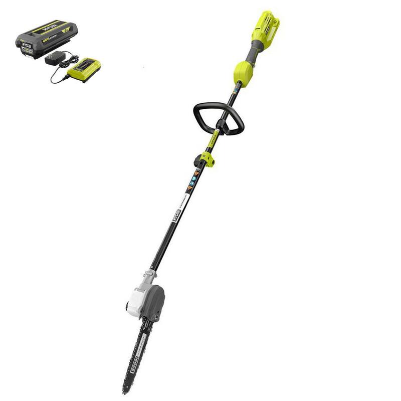 Sierra eléctrica inalámbrica para podar con capacidad de accesorio de batería de 40V y 10 pulgadas de RYOBI con batería de 2.0 Ah y cargador - RY40562