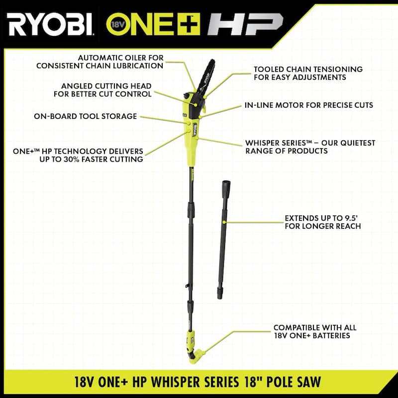 RYOBI ONE+ HP 18V Brushless Whisper Series Sierra de poste inalámbrica de batería de 8 pulgadas (Herramienta solamente) - P2508BTL