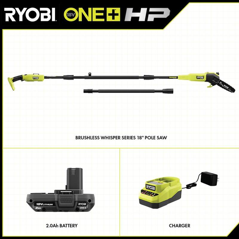 RYOBI ONE+ HP 18V Brushless Whisper Series 8 in. Sierra de poste inalámbrica con batería de 2.0 Ah y cargador - P2580