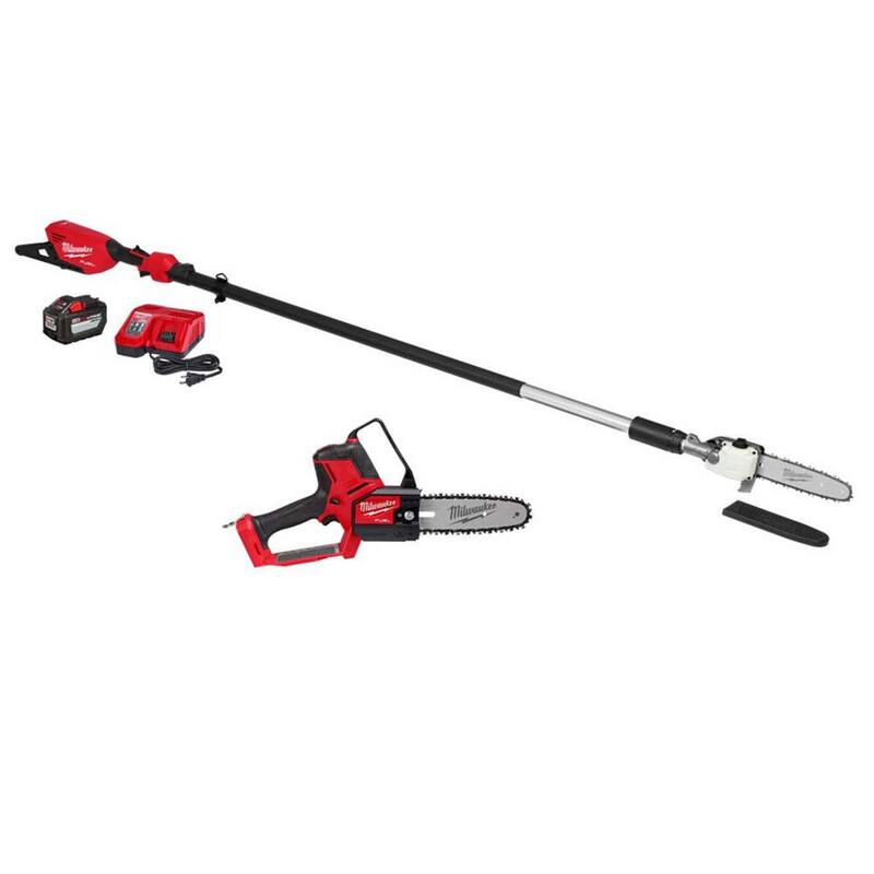Sierra de pértiga telescópica inalámbrica sin escobillas Milwaukee M18 FUEL de 10 pulgadas con sierra de poda de hacha de 8 pulgadas, batería de 12.0 Ah, cargador - 3013-21-3004-20