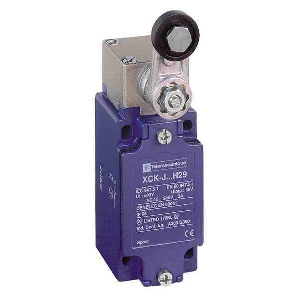 Interruptor de límite resistente Telemecanique Sensors, palanca de rodillo, rotativo, 1NC/1NO, 10A @ 240V AC, Ubicación del actuador: Lateral - XCKJ10511H7