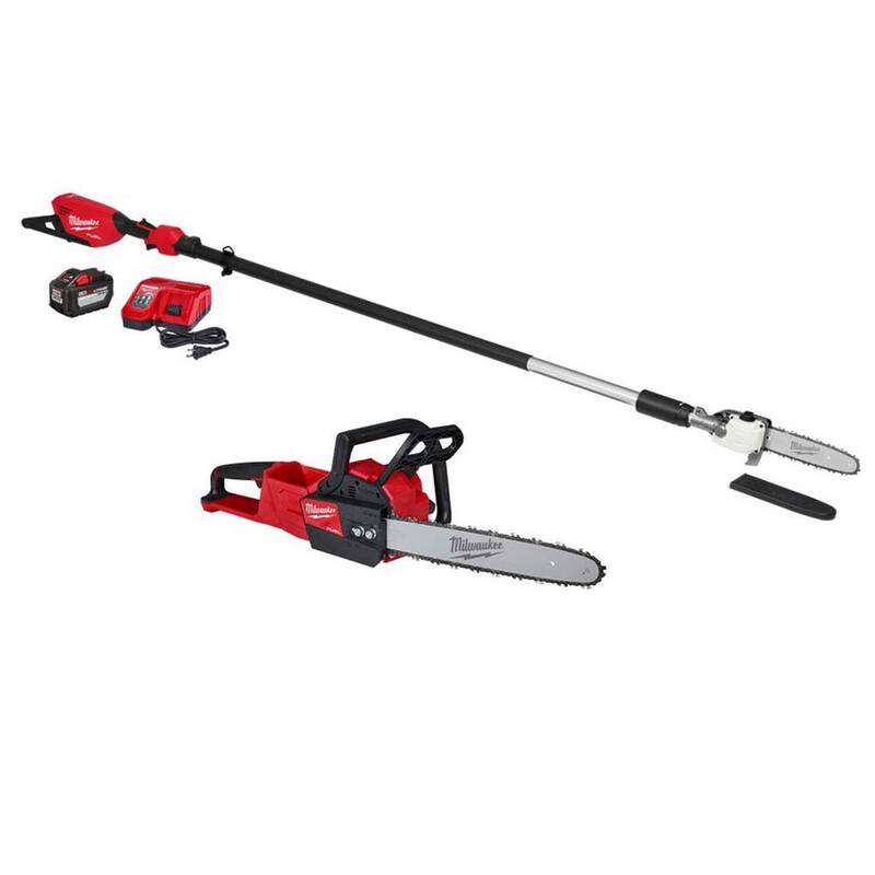 Podadora de poste telescópico inalámbrica con sierra de cadena de 16 in, batería de 12.0 Ah y cargador Milwaukee M18 FUEL de 10 in. 18V de iones de litio sin escobillas - 3013-21-2727-20.